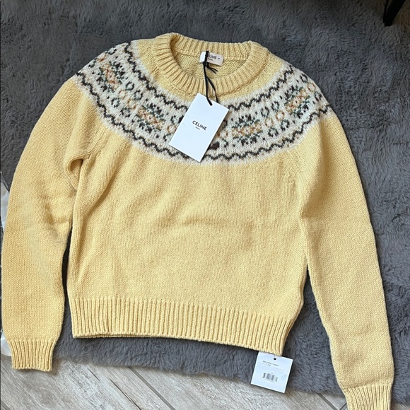 Celine Sweaters - CELINE Yellow Fair Isle Yoke Wool Sweater
